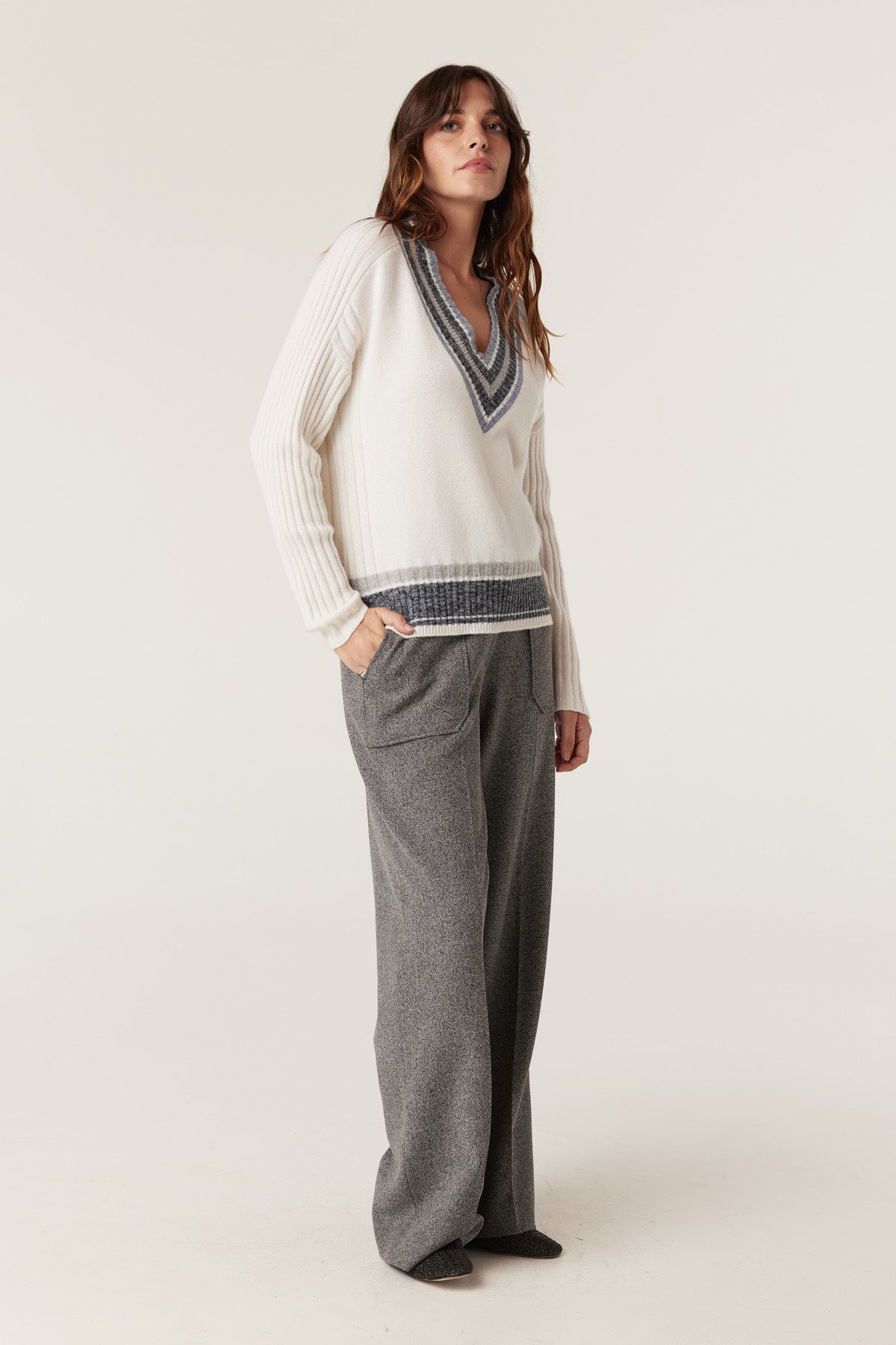 Cable Cashwool Varsity Jumper - Milk
