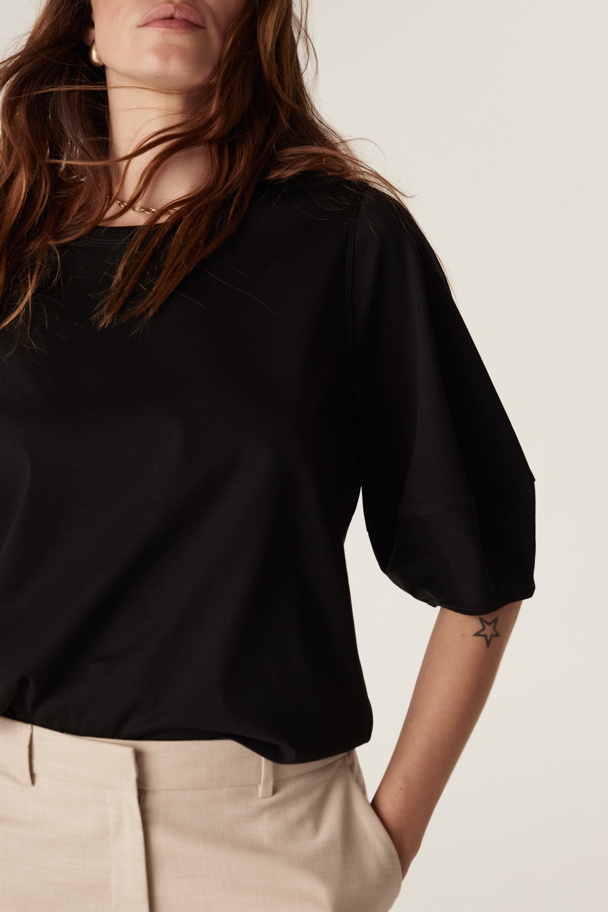 Cable Pima Lantern Sleeve Top - Black