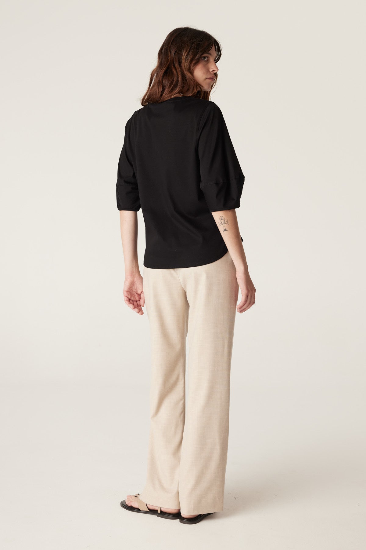 Cable Pima Lantern Sleeve Top - Black