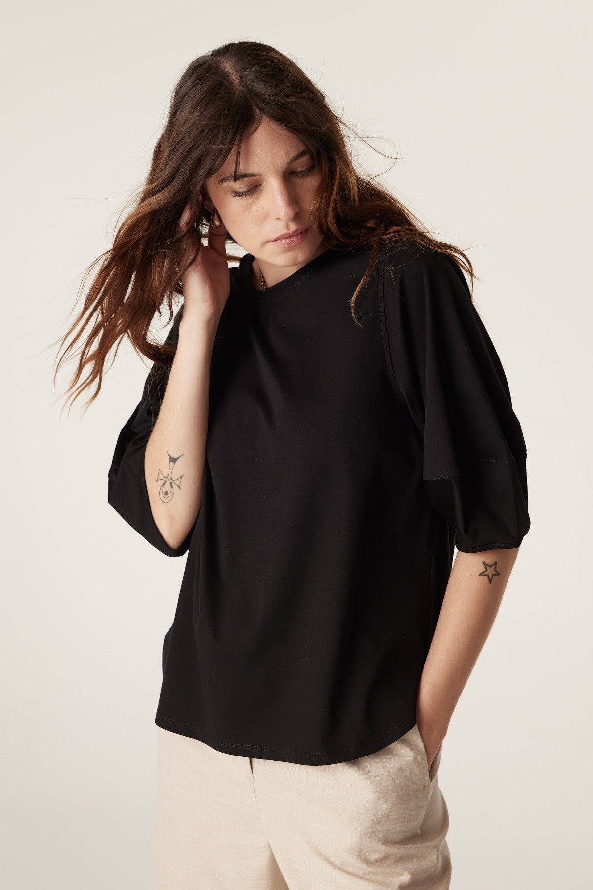 Cable Pima Lantern Sleeve Top - Black