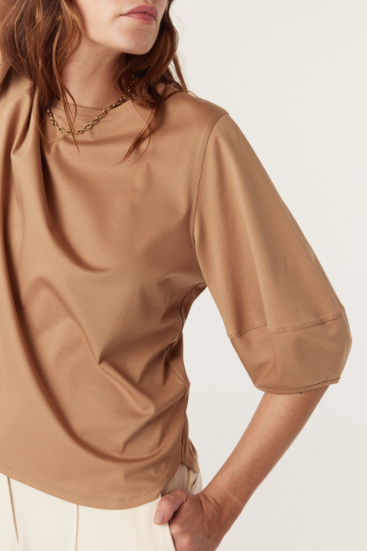 Cable Pima Lantern Sleeve Top - Camel