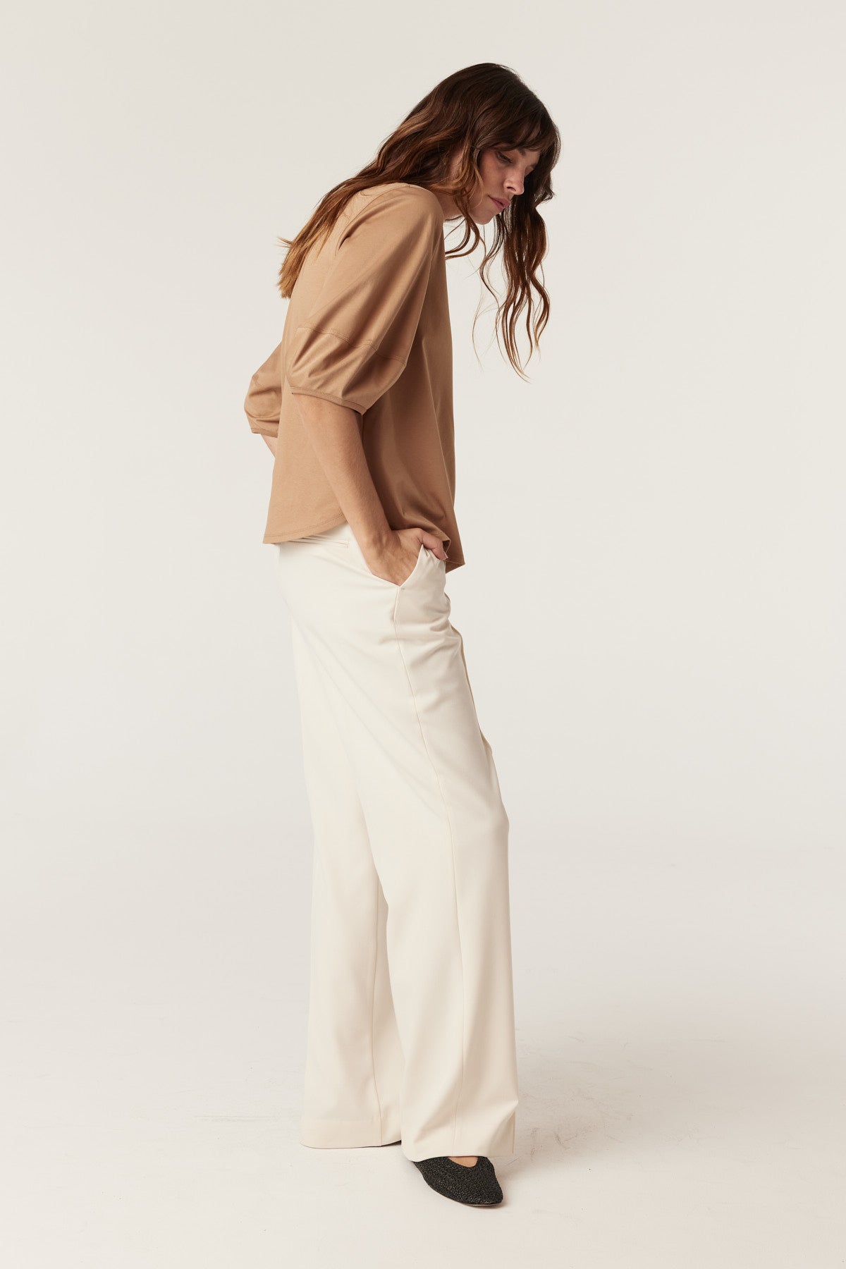 Cable Pima Lantern Sleeve Top - Camel
