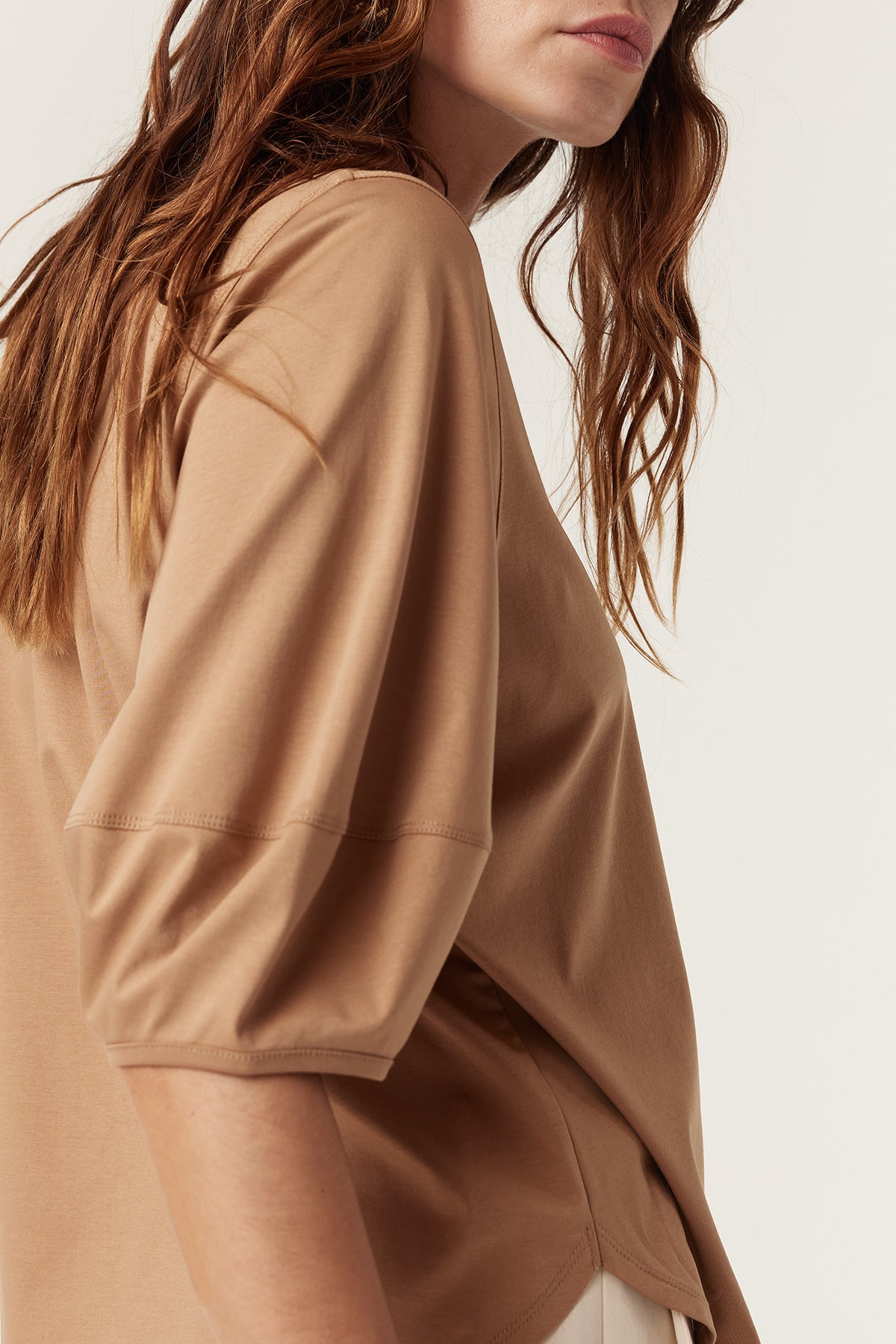 Cable Pima Lantern Sleeve Top - Camel
