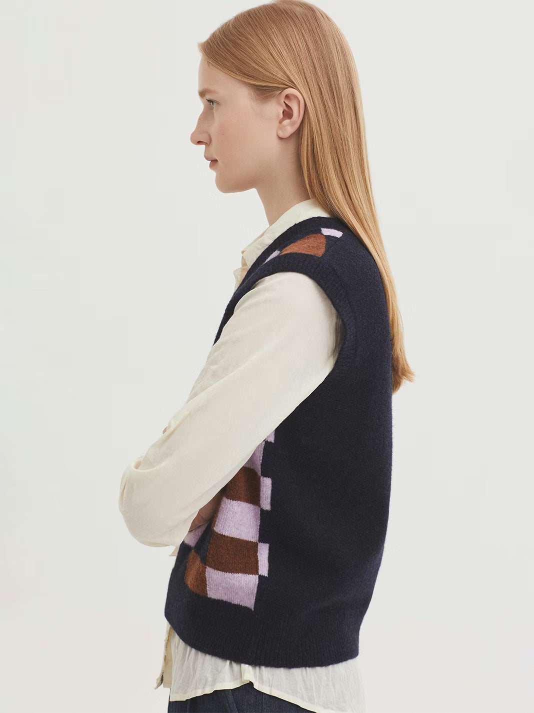 Checkered Front Vest - Navy