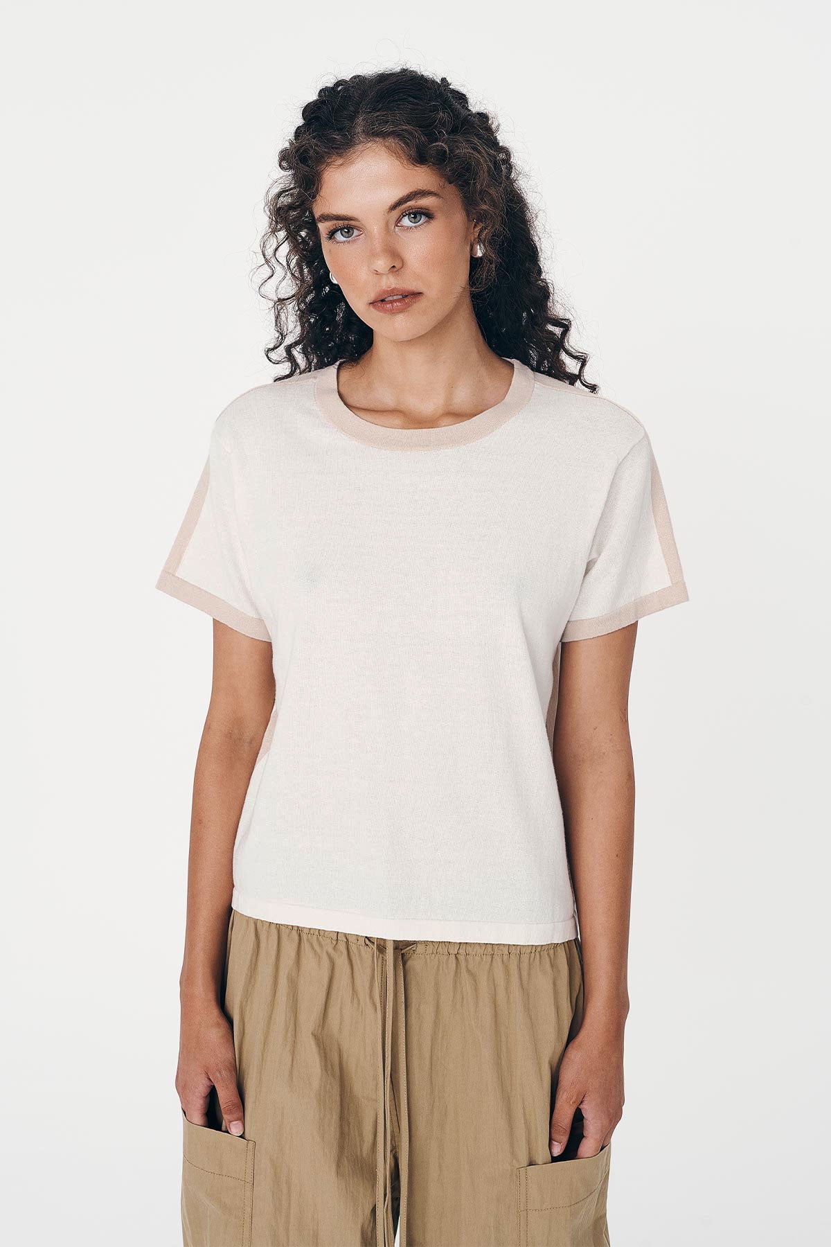 Rania Contrast Knit Tee - Oat Milk