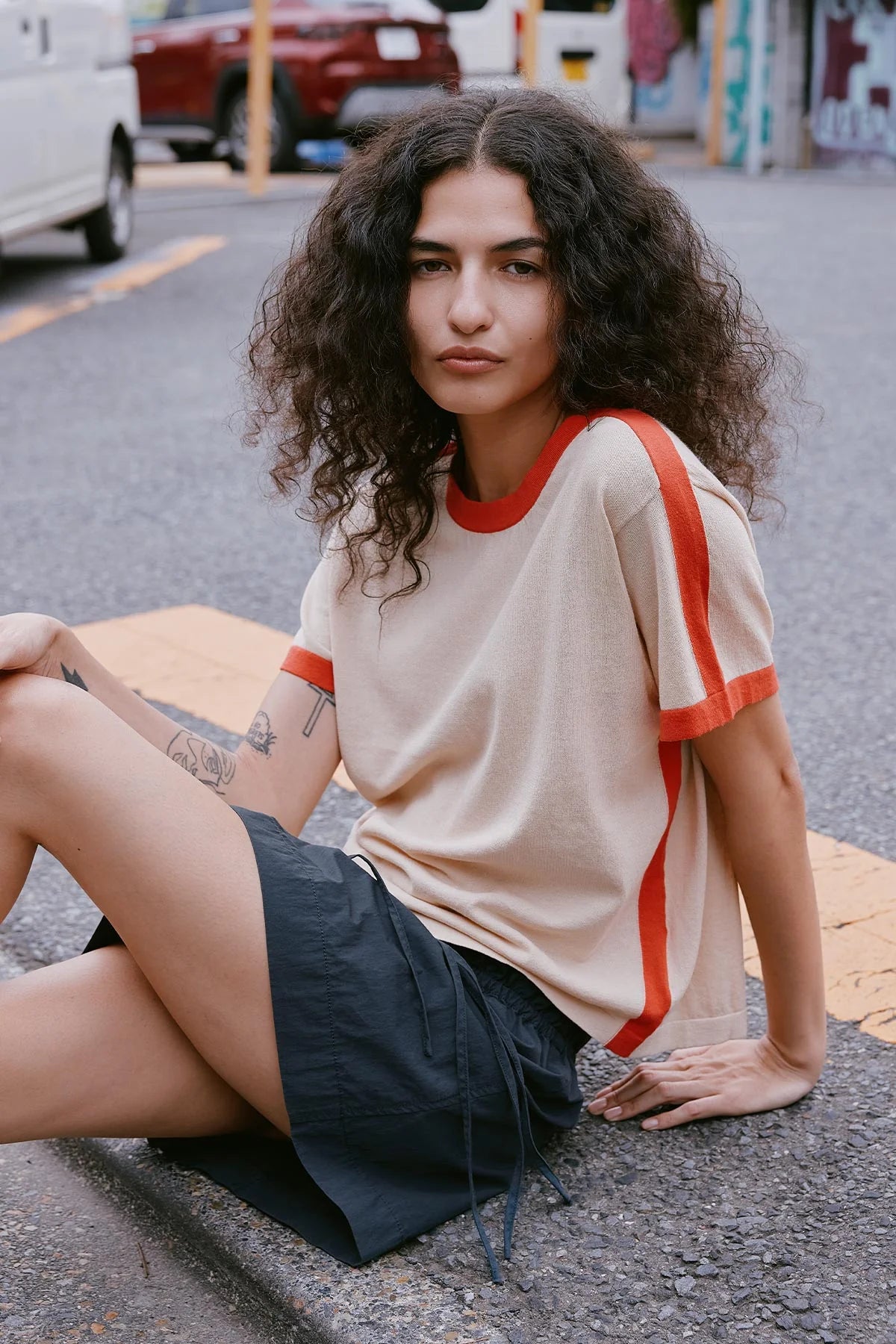 Rania Contrast Knit Tee - Spiced Latte