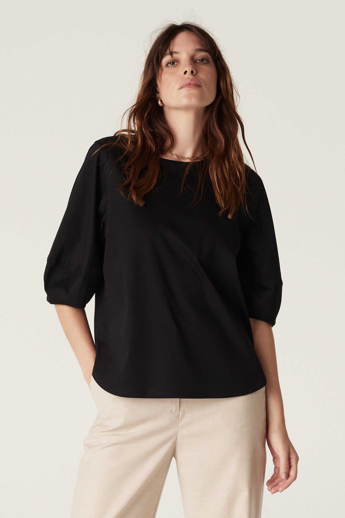 Cable Pima Lantern Sleeve Top - Black