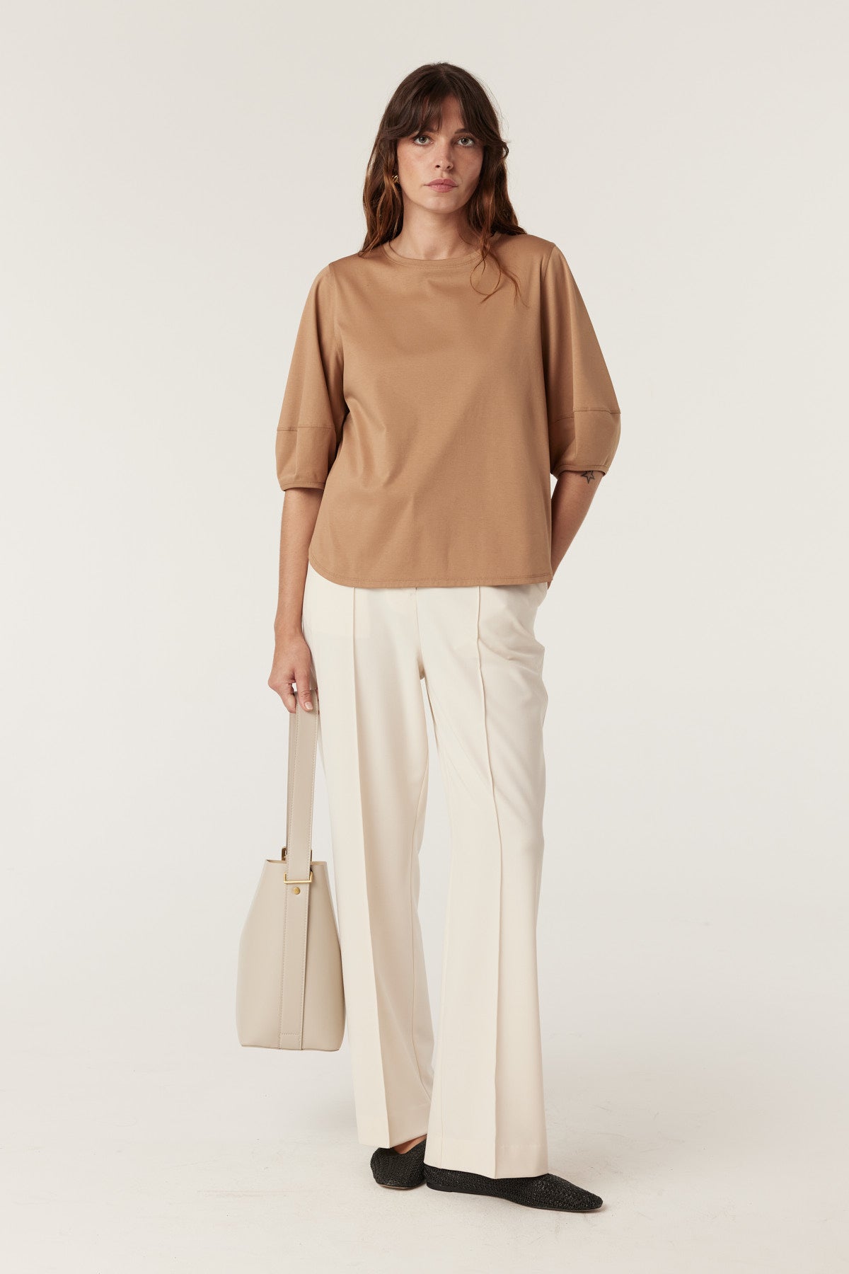 Cable Pima Lantern Sleeve Top - Camel