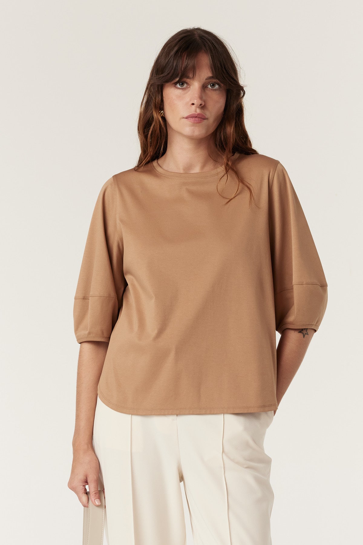 Cable Pima Lantern Sleeve Top - Camel