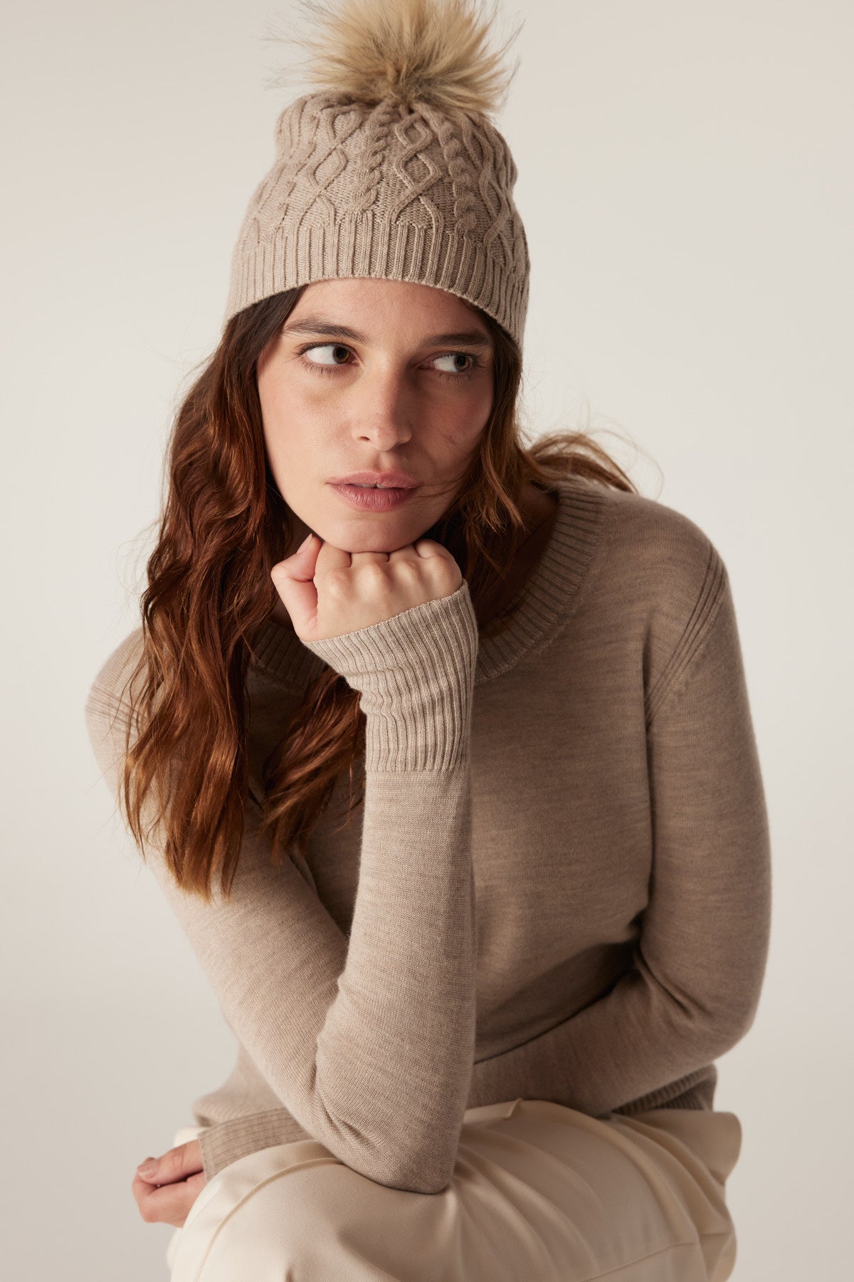 Cable Merino Beanie - Pebble