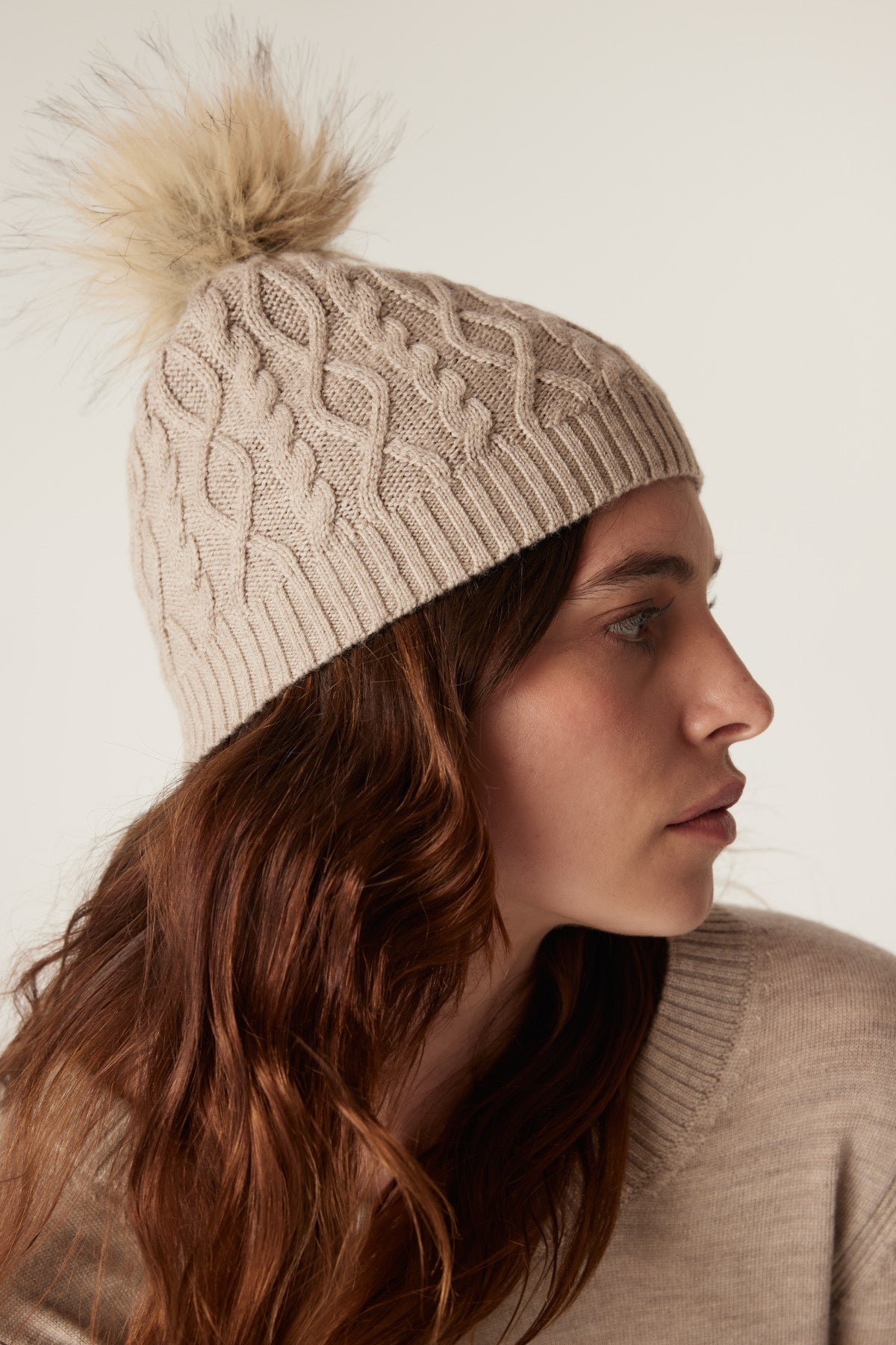 Cable Merino Beanie - Pebble