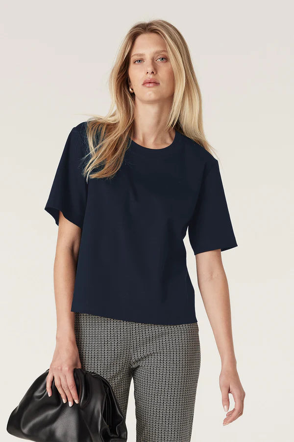 Cable Pima Lantern Sleeve Top - Navy