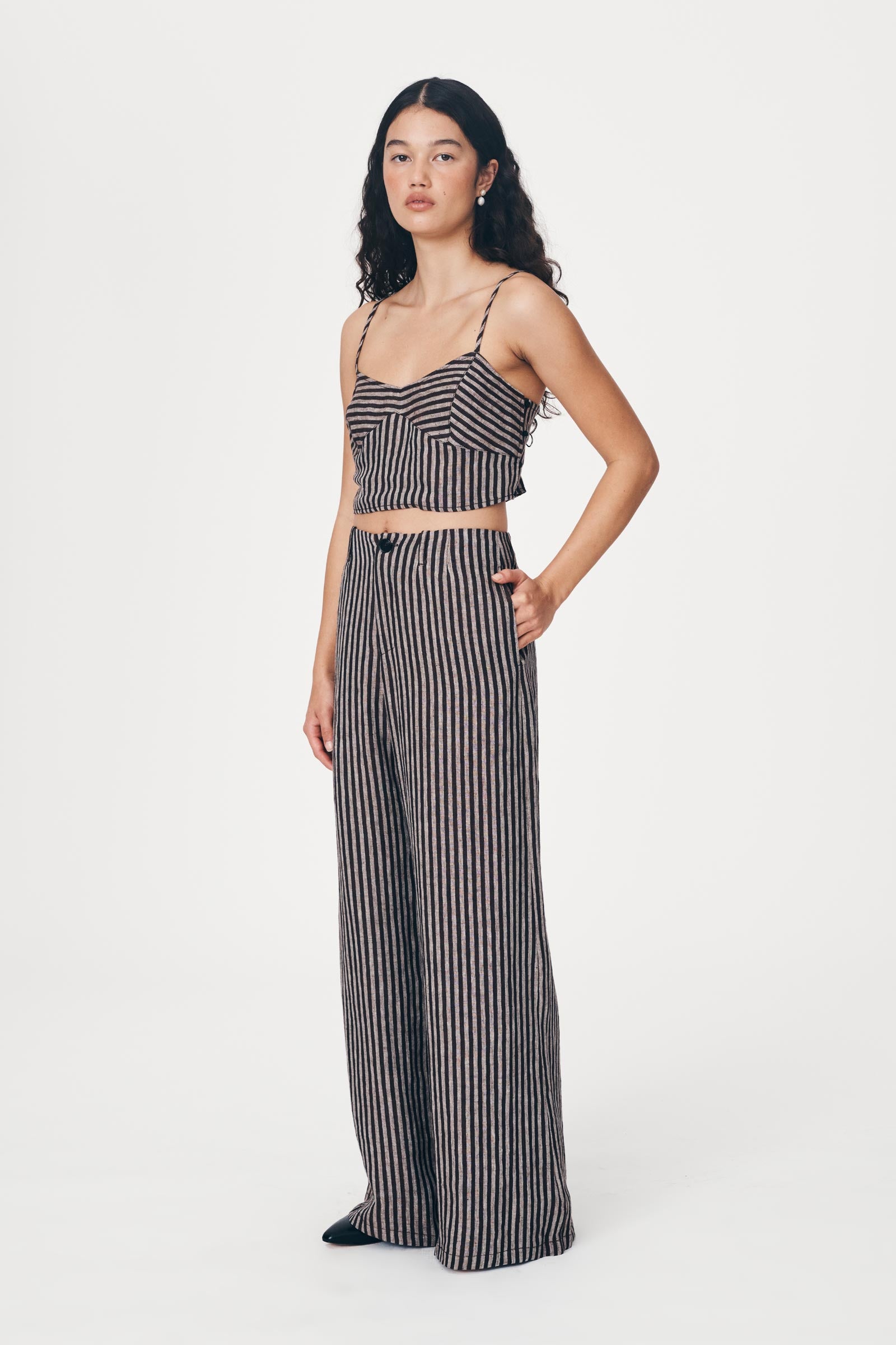 Rowie the Label Carlotta Wide Leg Linen Pants - Brown Stripe