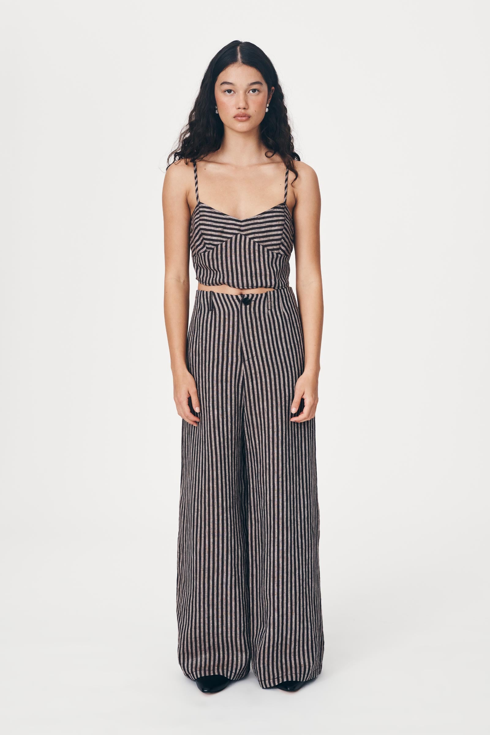 Rowie the Label Carlotta Wide Leg Linen Pants - Brown Stripe