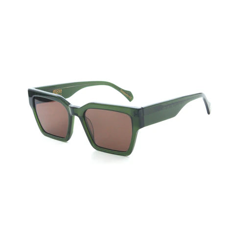 AGE Eyewear translucent green square-frame sunglasses with brown monochrome lens, sculpted bold frame, photographed on neutral background