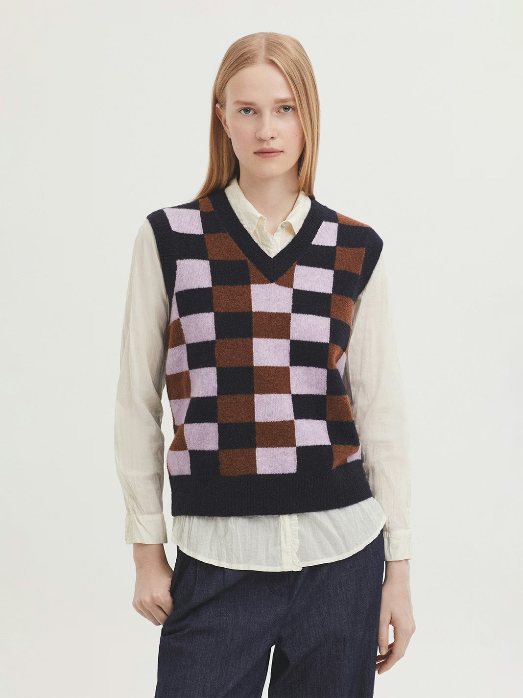 Checkered Front Vest - Navy