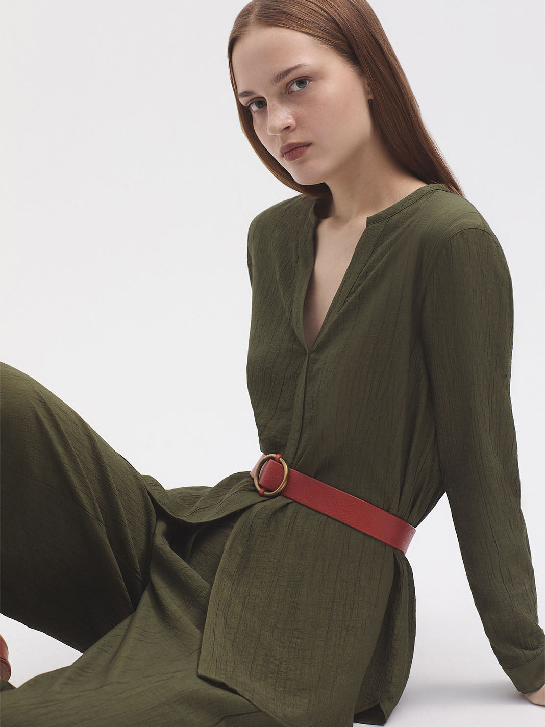 Crinkle Shirt Dress - Khaki