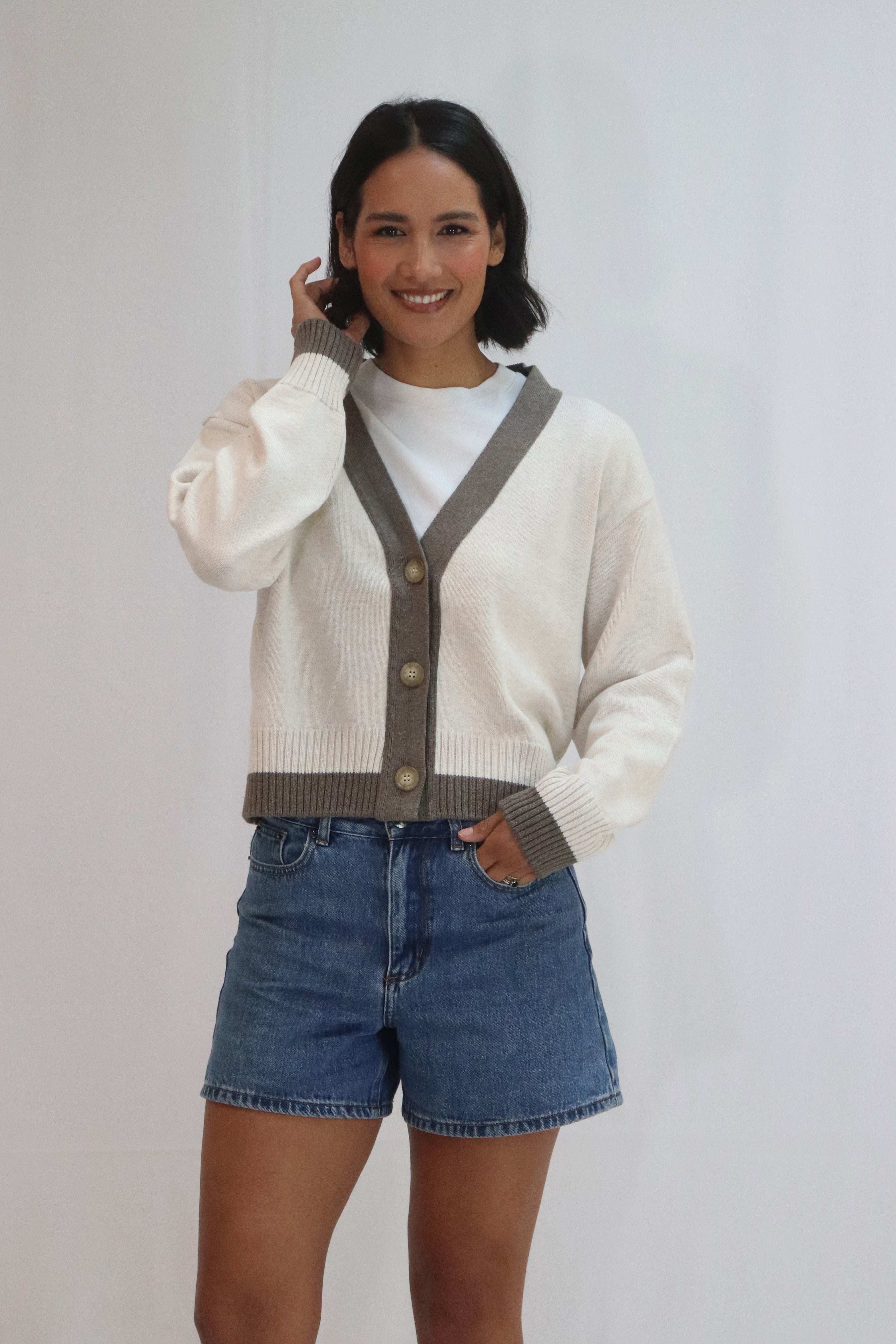 Tatano Contrast Cardi - Sand/Mocha