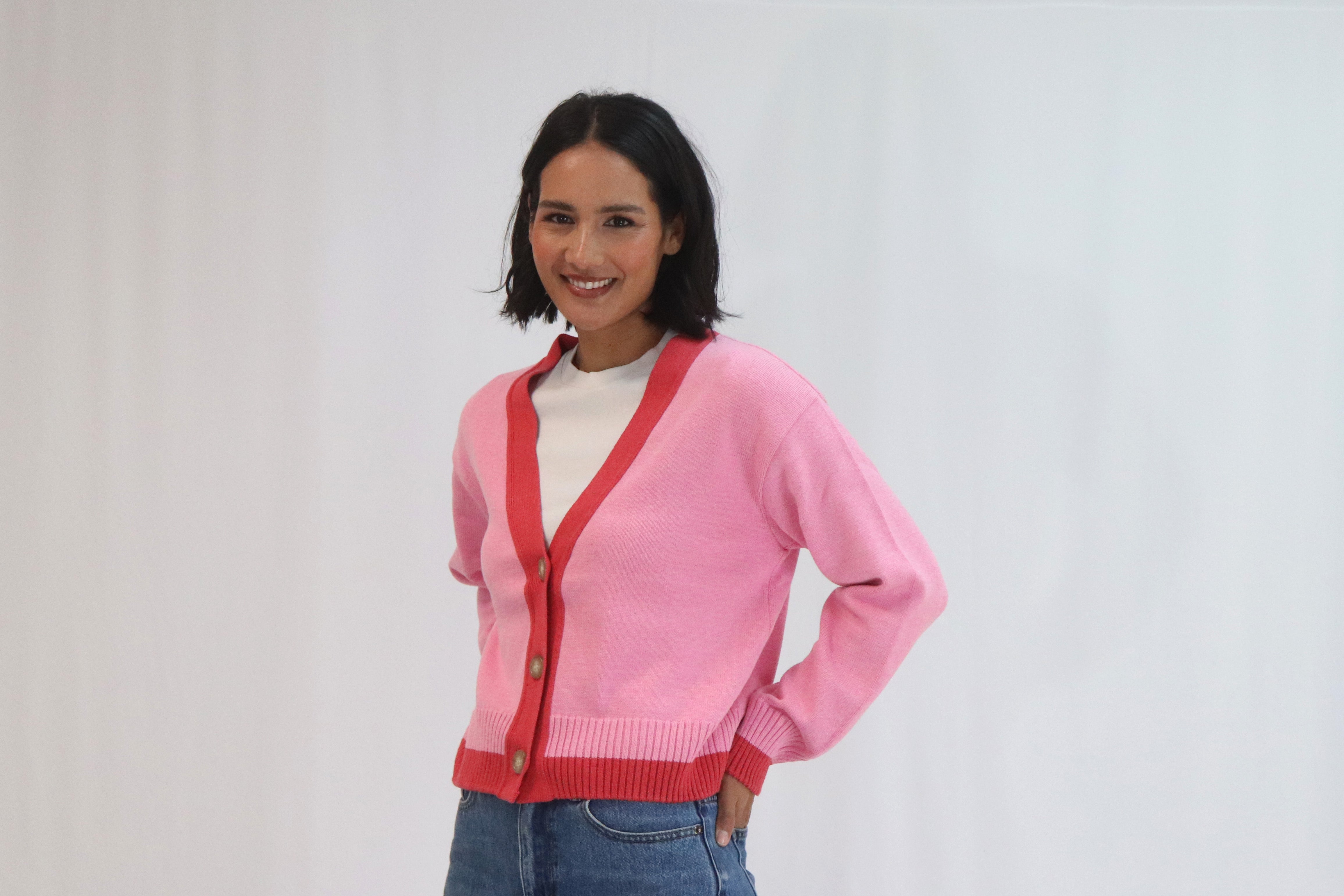 Contrast Cardi - Peony/Rose