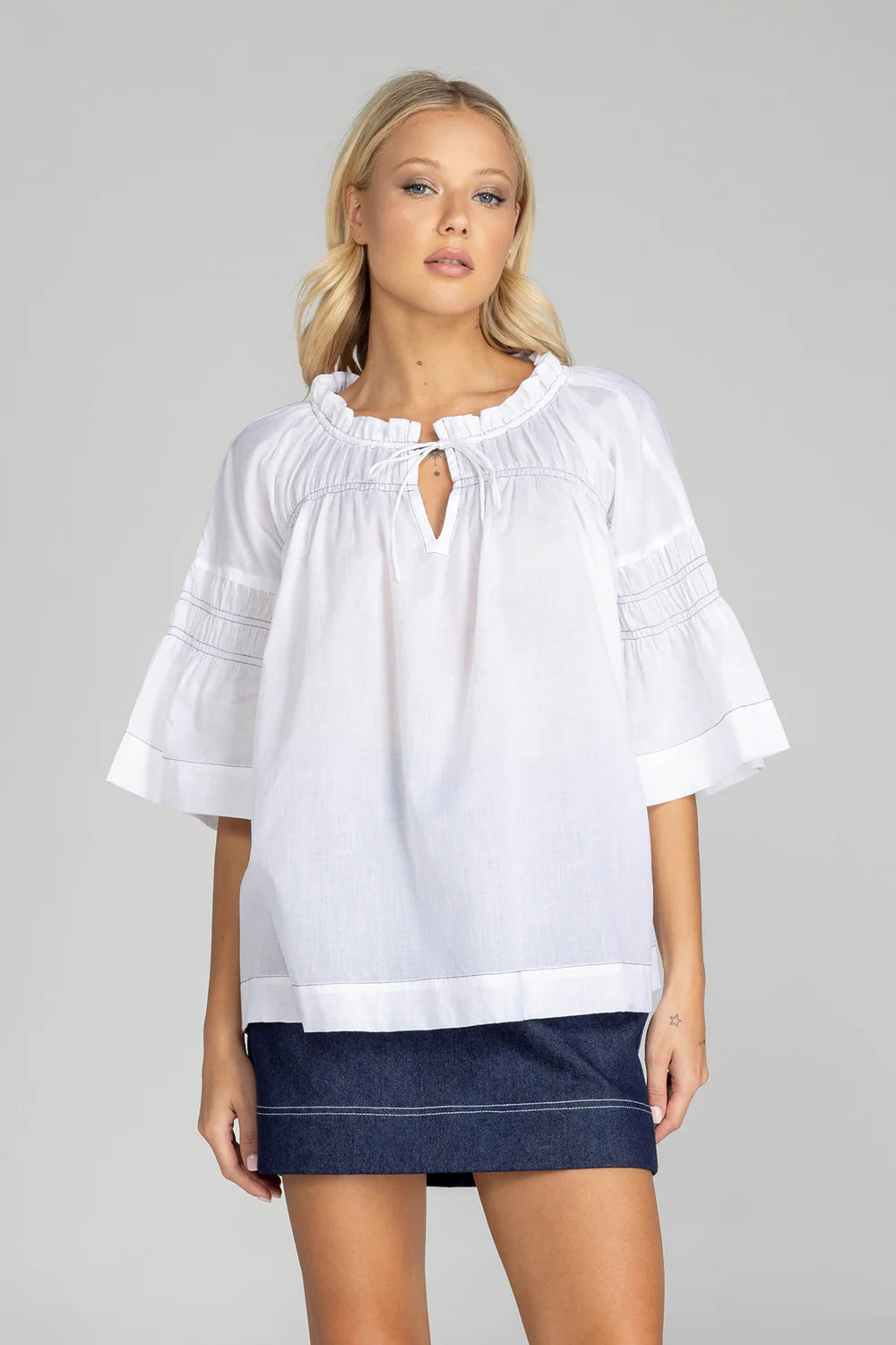 Thea Top - White with Black Stitching