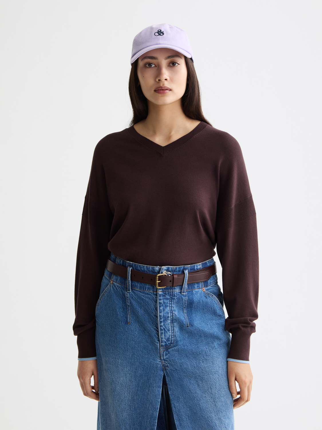 V Neck Relaxed Pullover - Plum