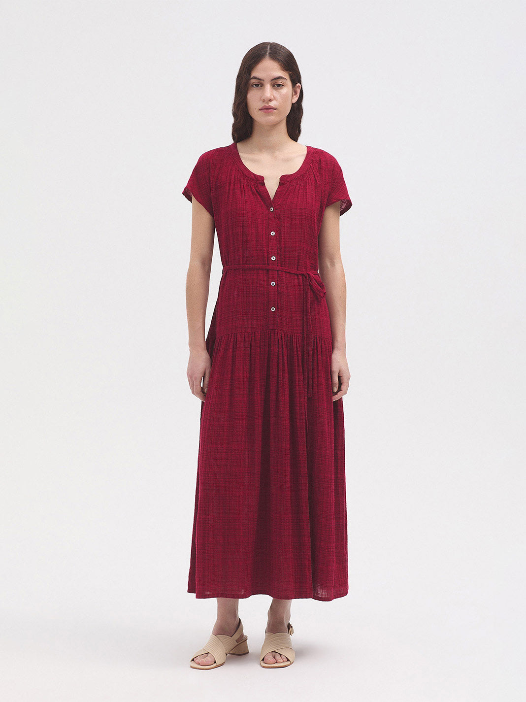 Red Mesh-Knit Long Dress