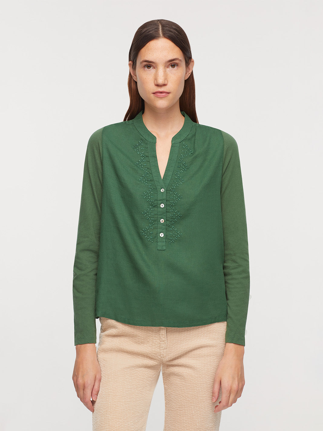 Nice Things Mao Neck Shirt With Embroidery - Forest Green
