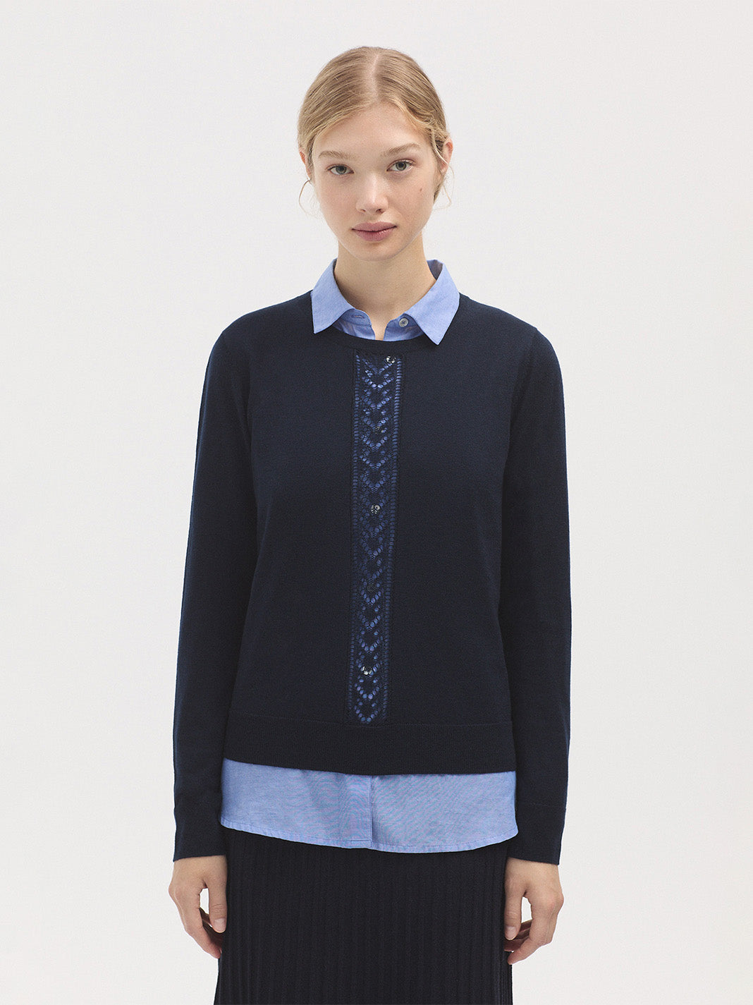 Nice Things Openwork Merino Sweater - Navy