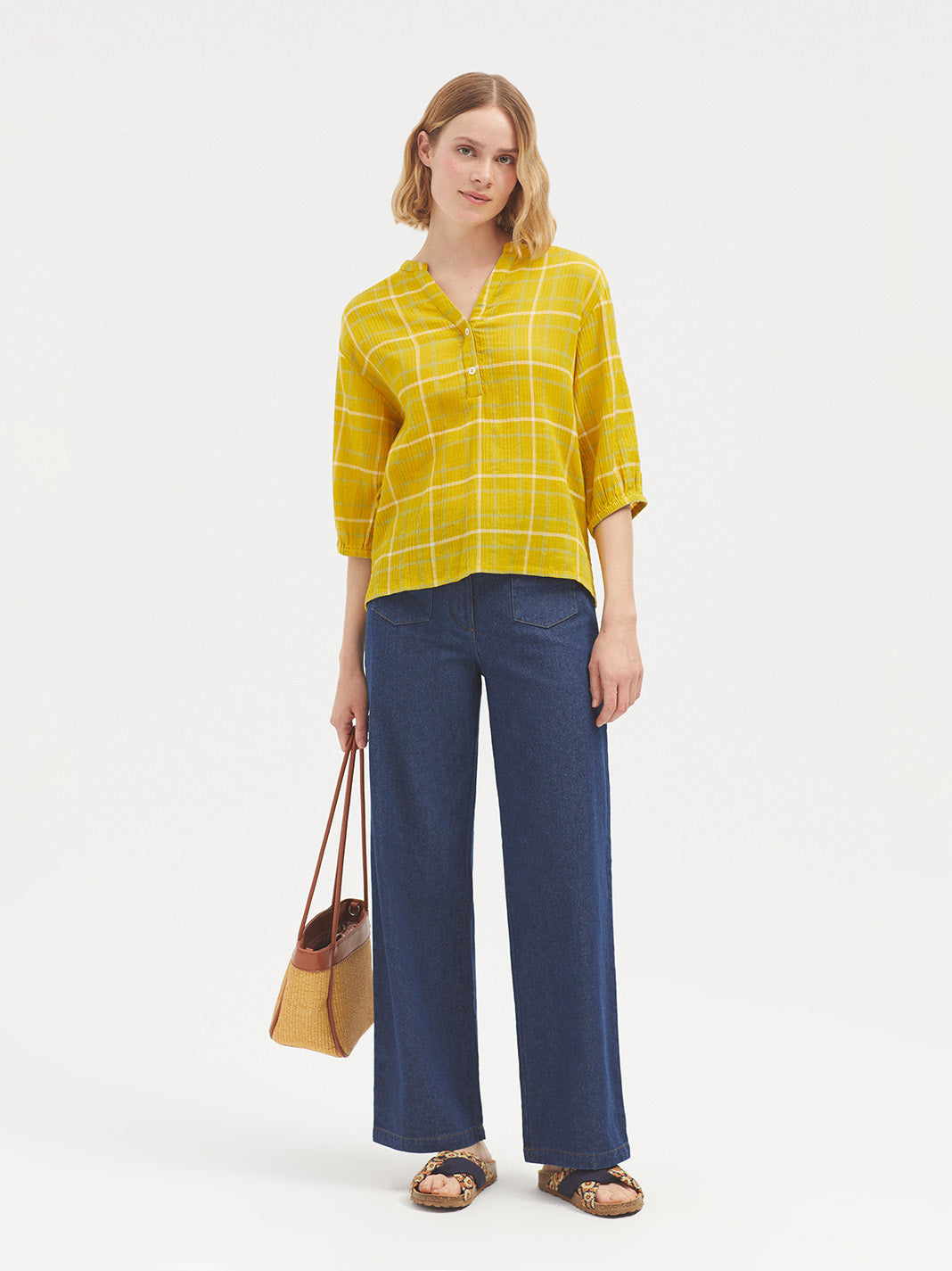 Nice Things Double Gauze Checked Top - Yellow