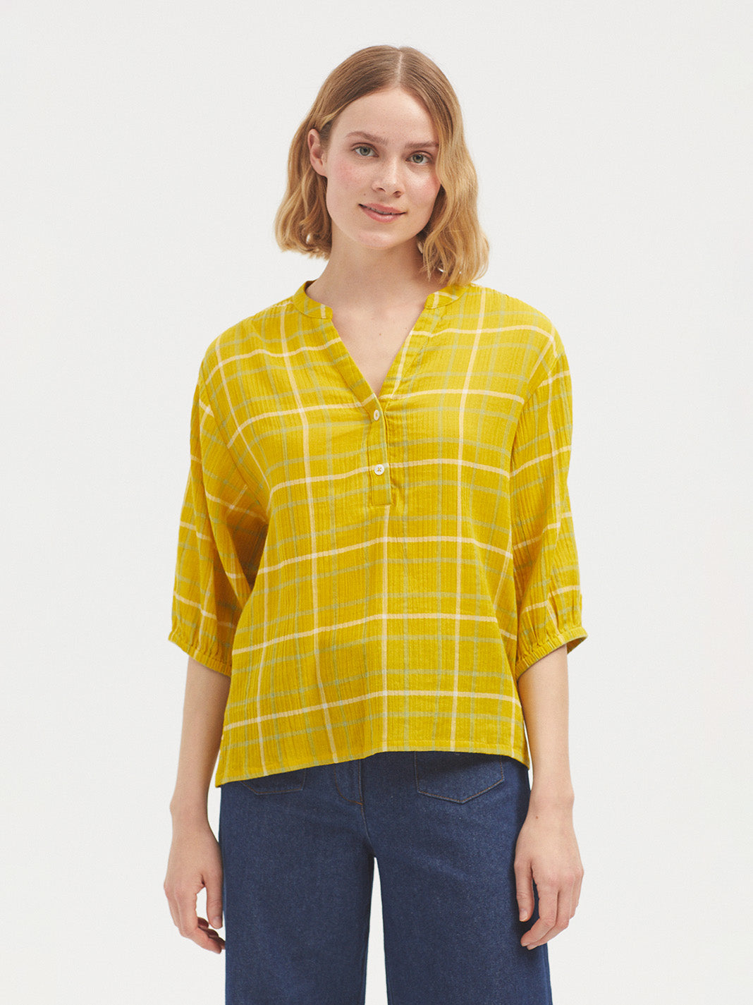 Nice Things Double Gauze Checked Top - Yellow