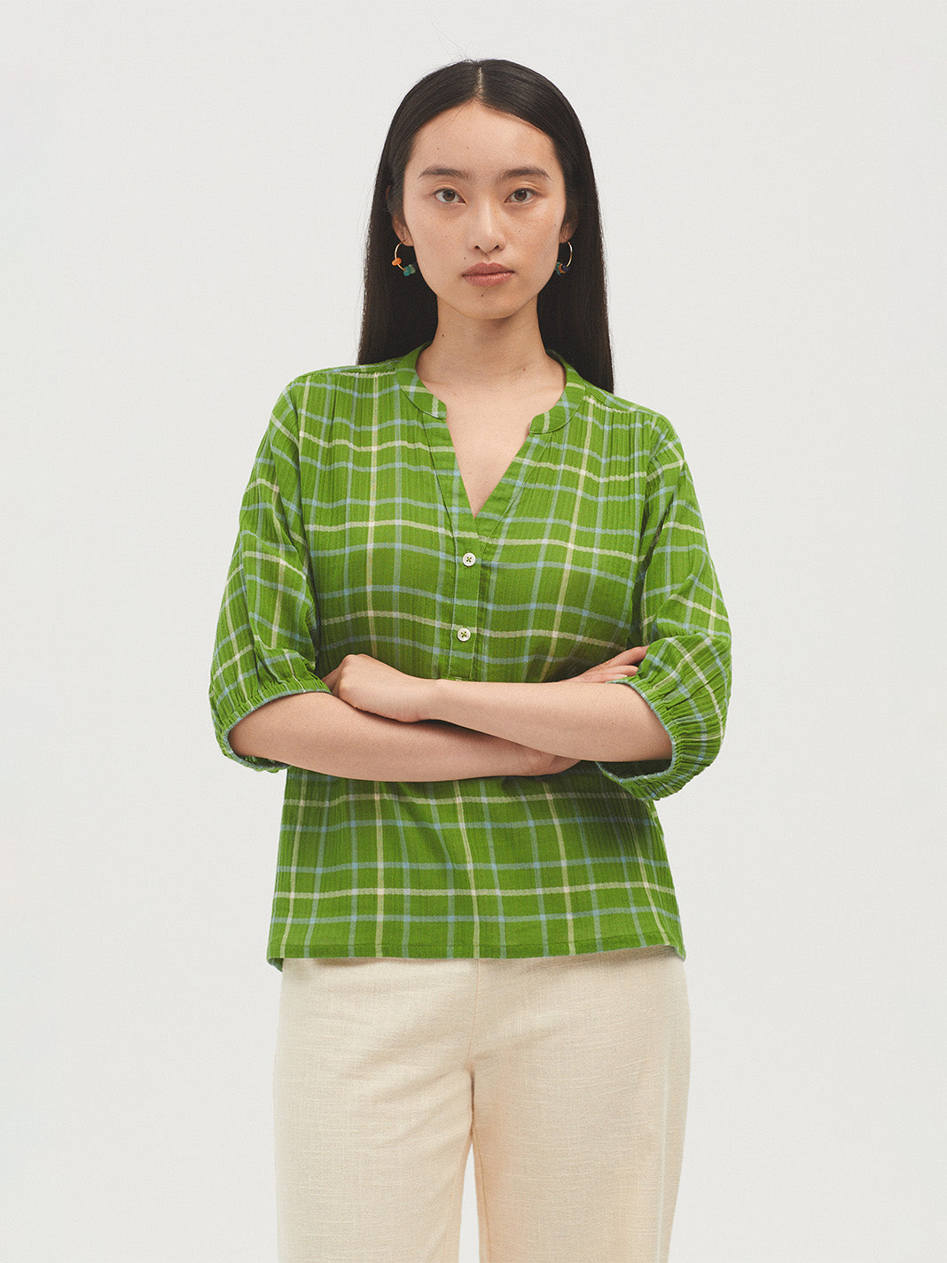 Nice Things Double Gauze Checked Top - Green