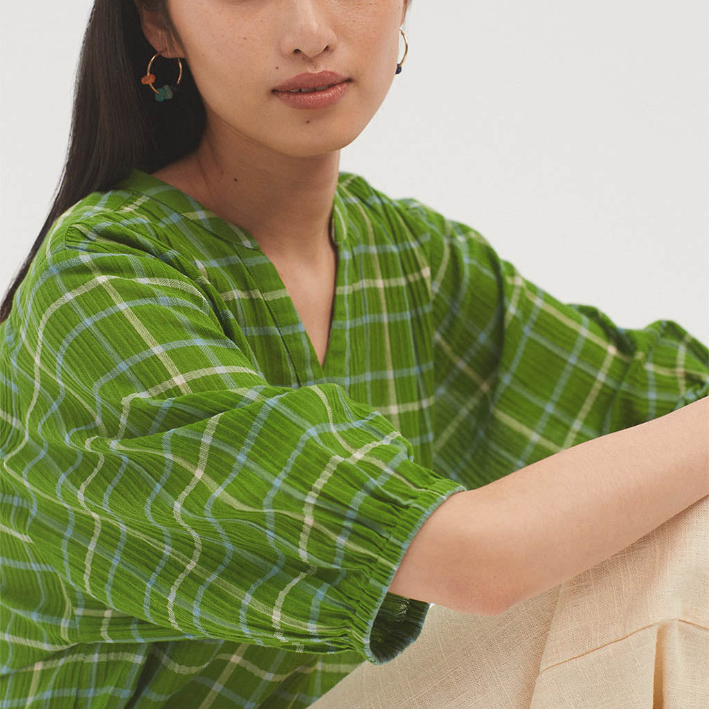 Nice Things Double Gauze Checked Top - Green