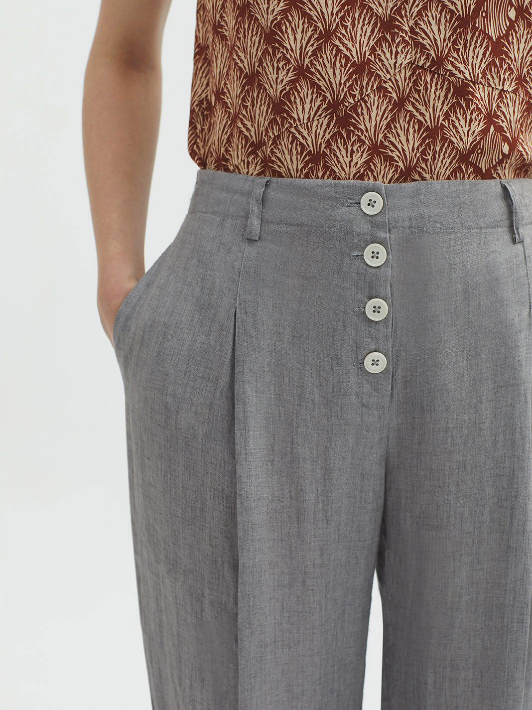 Nice Things Linen Button Pants - Grey