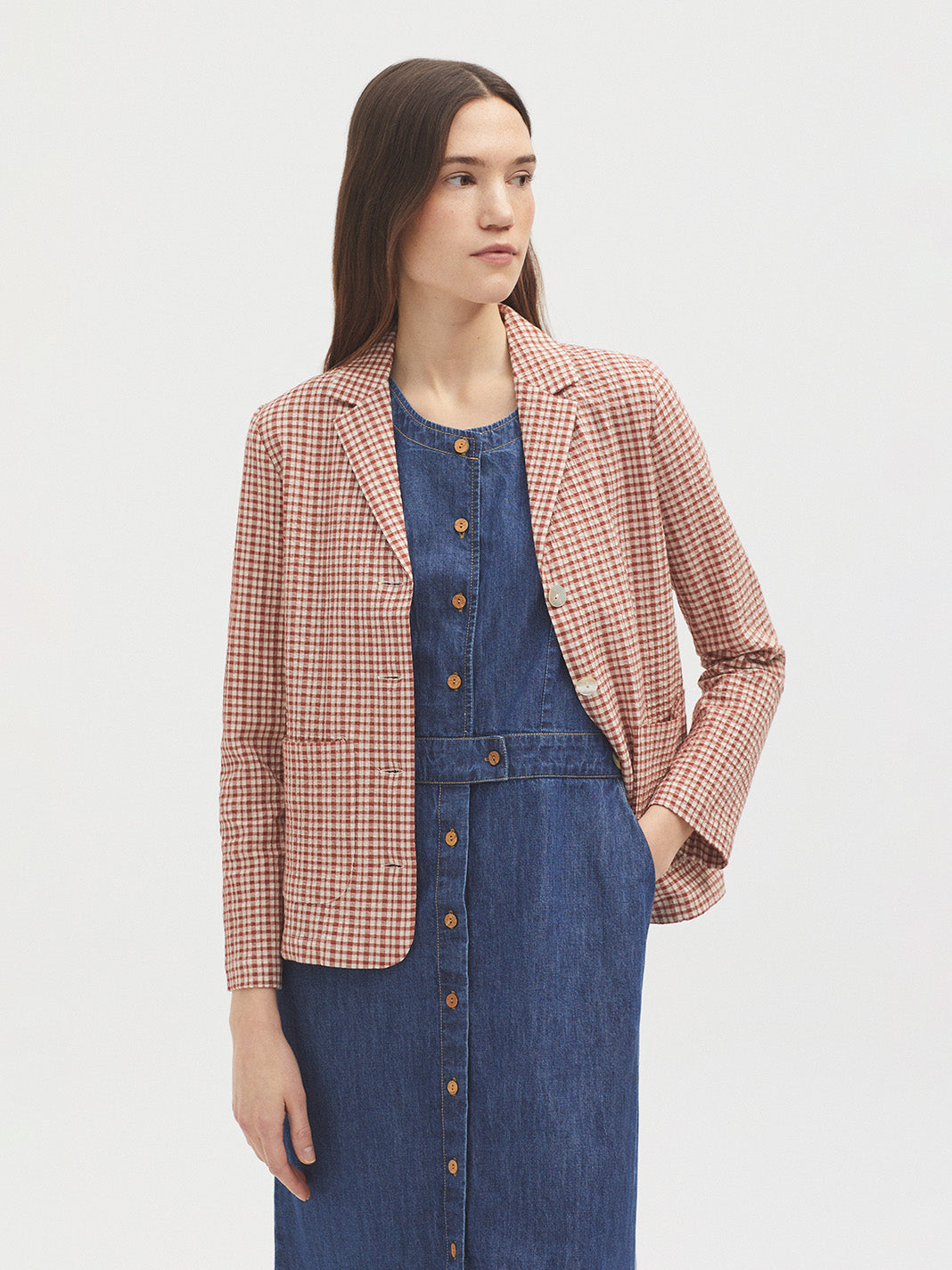 Nice Things Twotone Check Seersucker Blazer - Terracotta