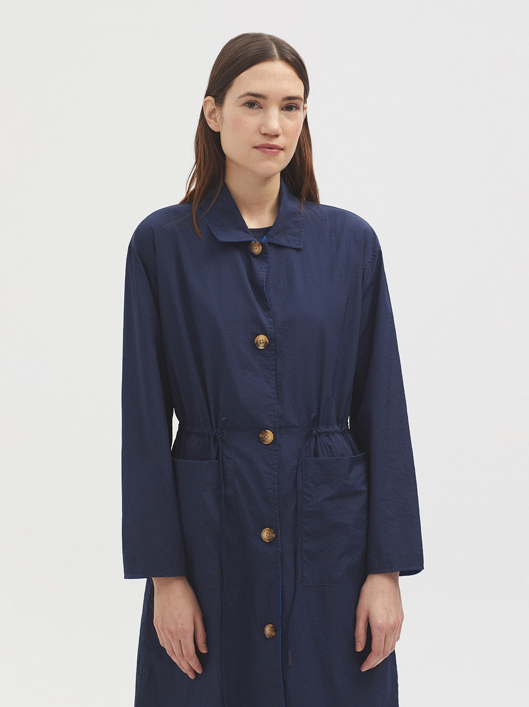 Nice Things Colored Trench Coat with Hood - Navy