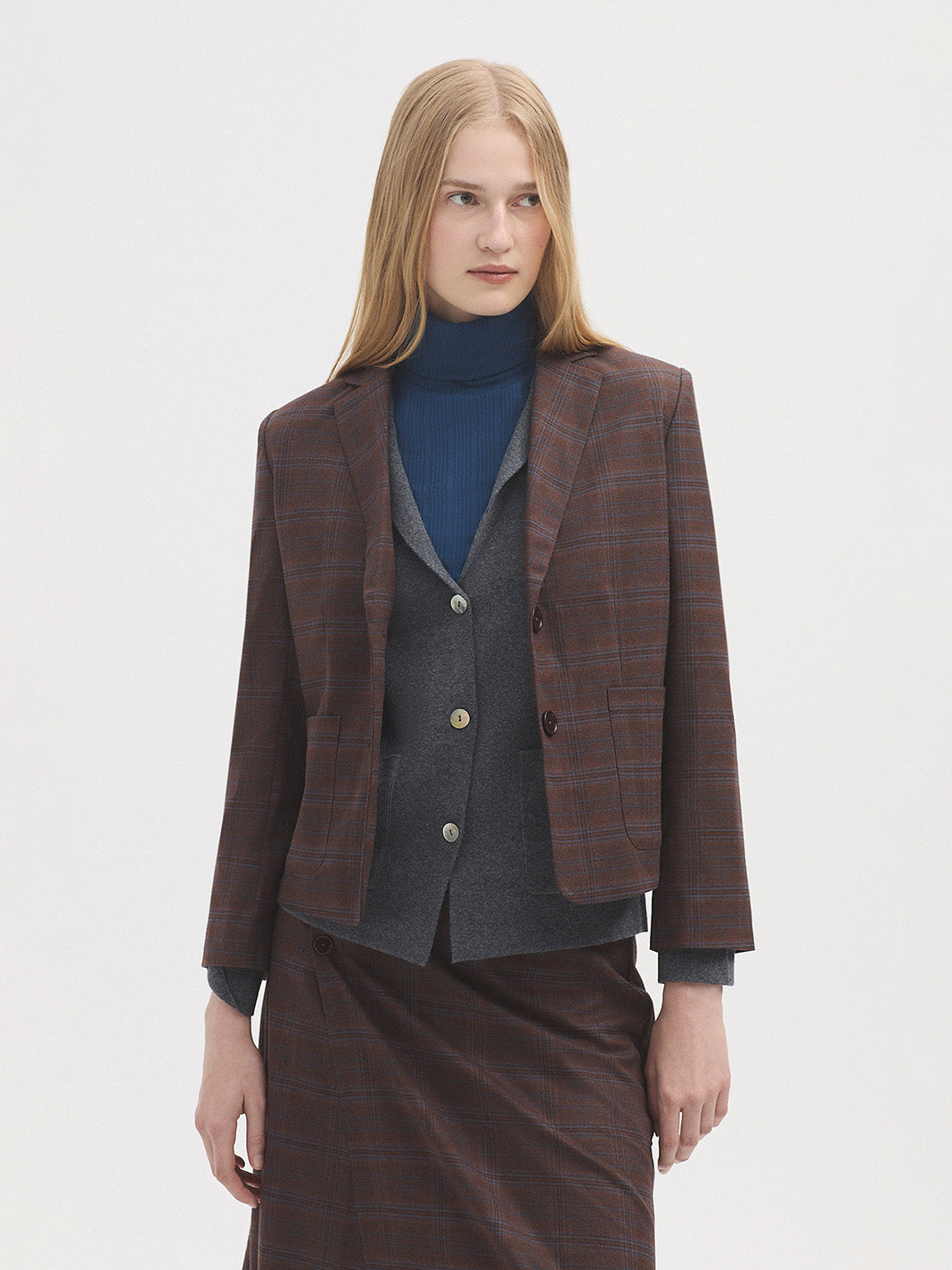 Nice Things Checked Short Blazer - Brown Check