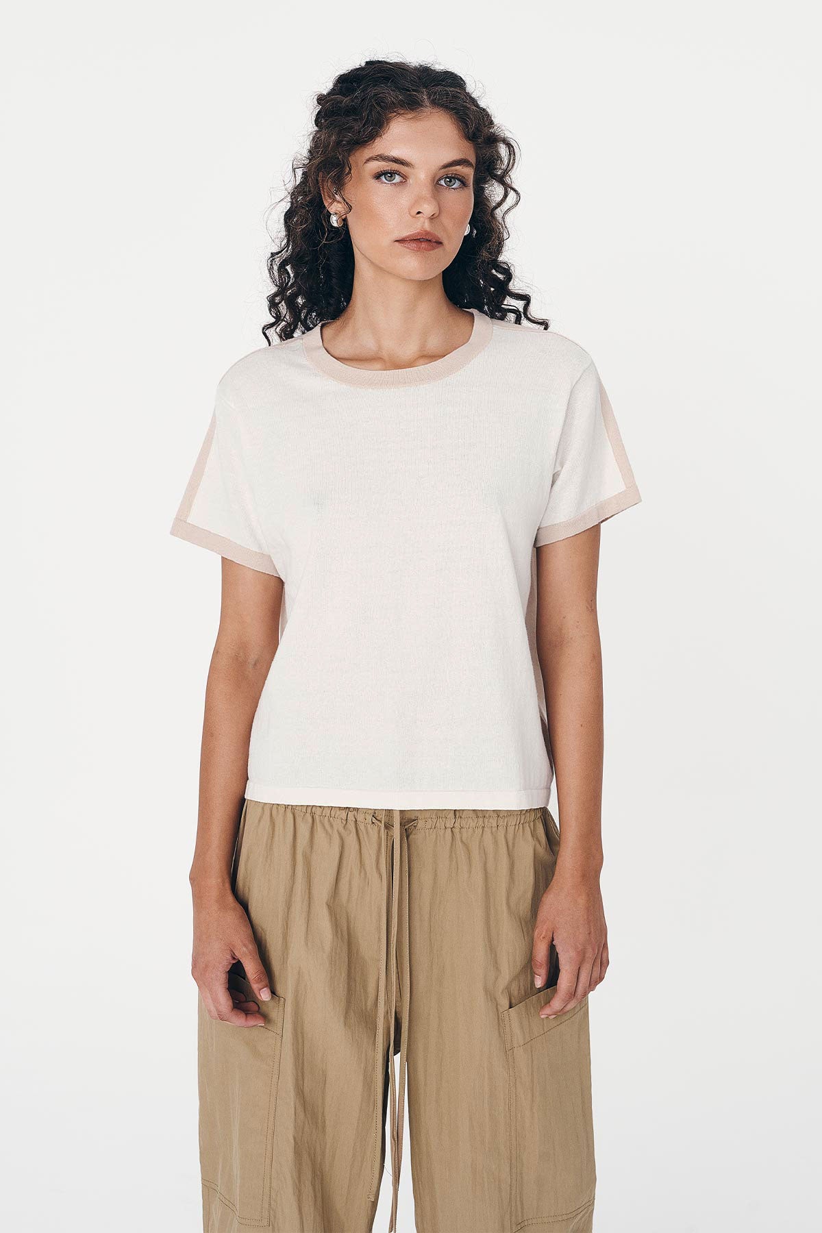 Rania Contrast Knit Tee - Oat Milk
