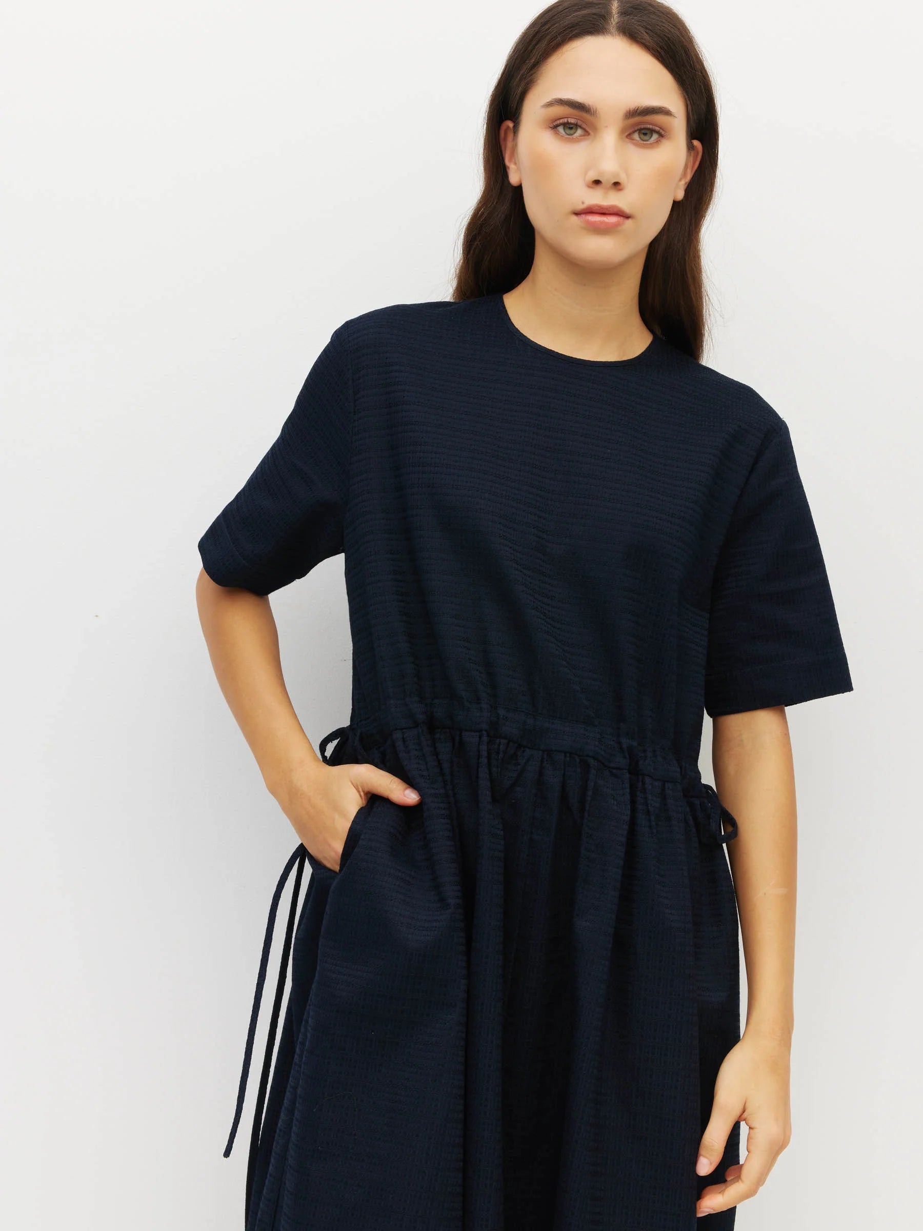 Dima Tunic (Textured Cotton) - Navy Linear